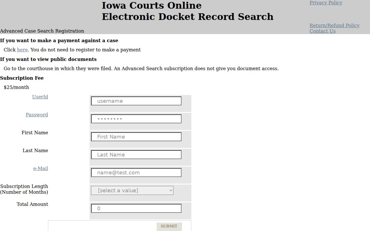 Advanced Search registration for Harrison County court case records